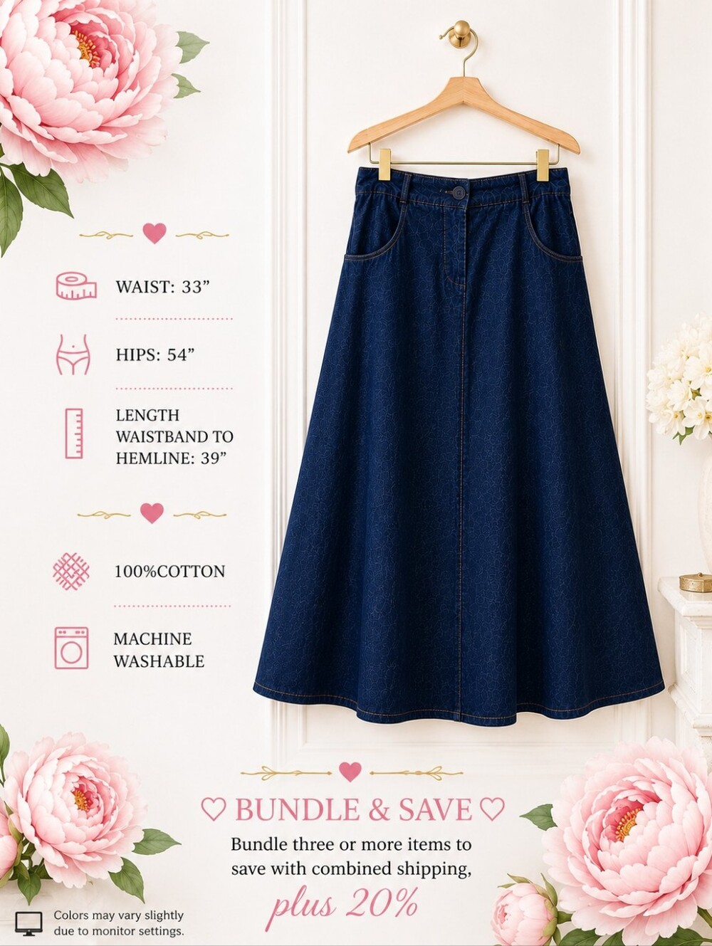 Leon Max Denim Maxi Skirt Dark Indigo A-Line Long Cotton Skirt | Size 8 - Picture 8 of 11